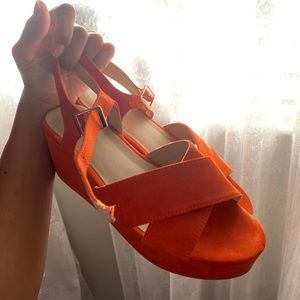 Orange suede platform sandals